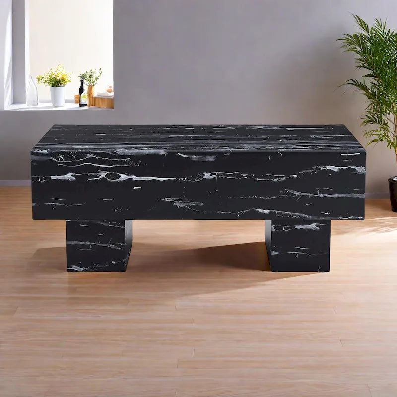 Moderner rechteckiger Couchtisch mit Platte in schwarzer Marmoroptik, Tragfähigkeit 300 lbs