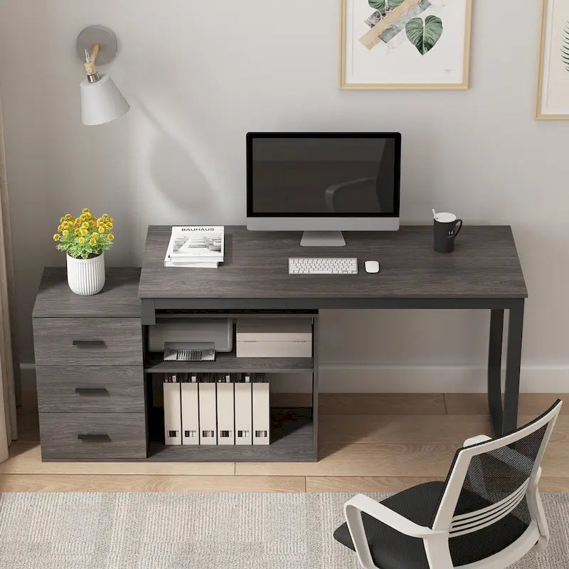 Scrivania per computer a L con 3 cassetti e 2 ripiani contenitori