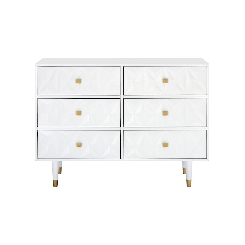 Geometric Textured 6-Drawer Dresser with Gold Hardware & Tapered Legs