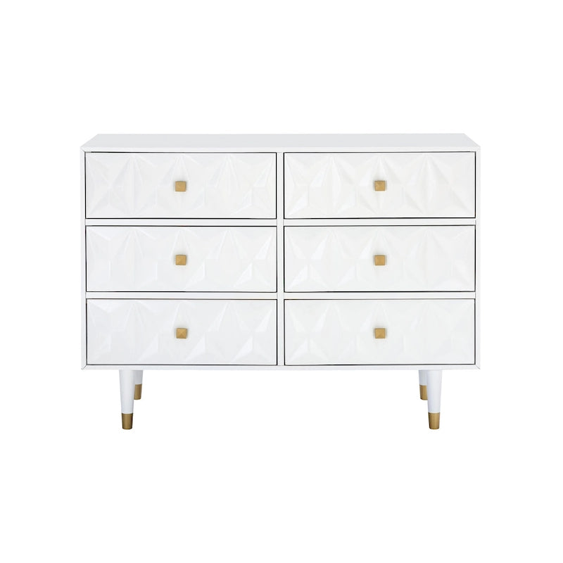 Geometric Textured 6-Drawer Dresser with Gold Hardware & Tapered Legs