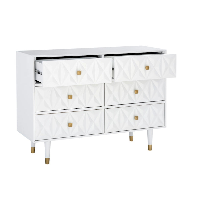 Geometric Textured 6-Drawer Dresser with Gold Hardware & Tapered Legs
