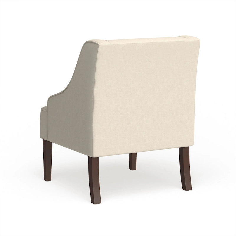 Akzentstuhl mit geschwungenen Armlehnen aus cremefarbenem Web-Polyester und konischen Beinen in dunkler Walnussoptik