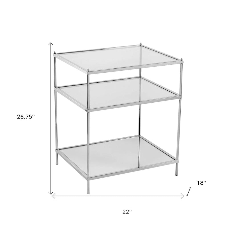 Silver Mirrored Glass & Iron End Table with Display Shelves
