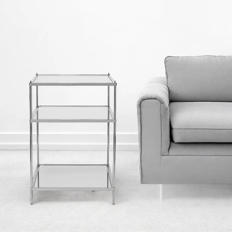 Silver Mirrored Glass & Iron End Table with Display Shelves