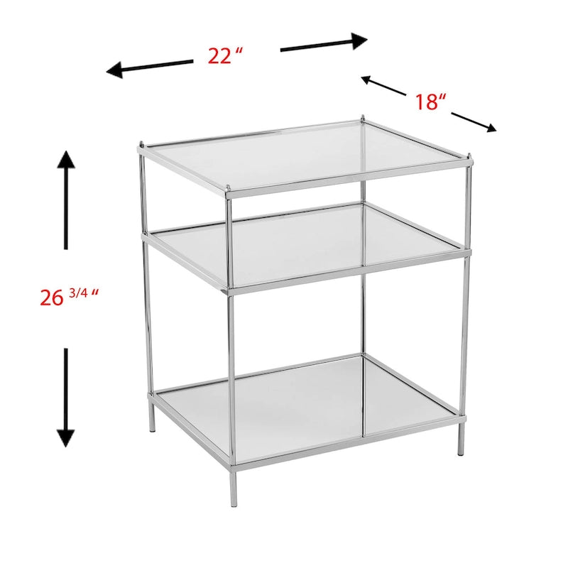 Silver Mirrored Glass & Iron End Table with Display Shelves