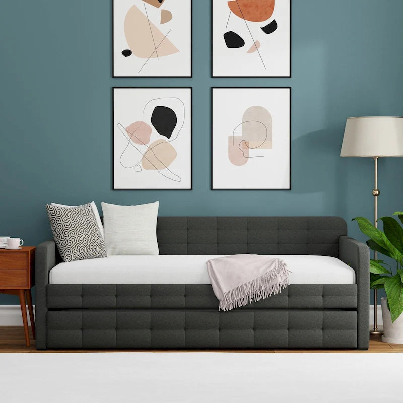 Zweiersofa mit Knopfsteppung und ausziehbarem Gästebett, Schlafsofa im Mid-Century-Stil