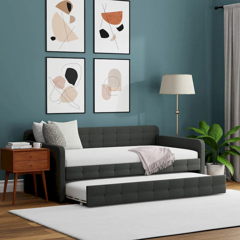 Zweiersofa mit Knopfsteppung und ausziehbarem Gästebett, Schlafsofa im Mid-Century-Stil
