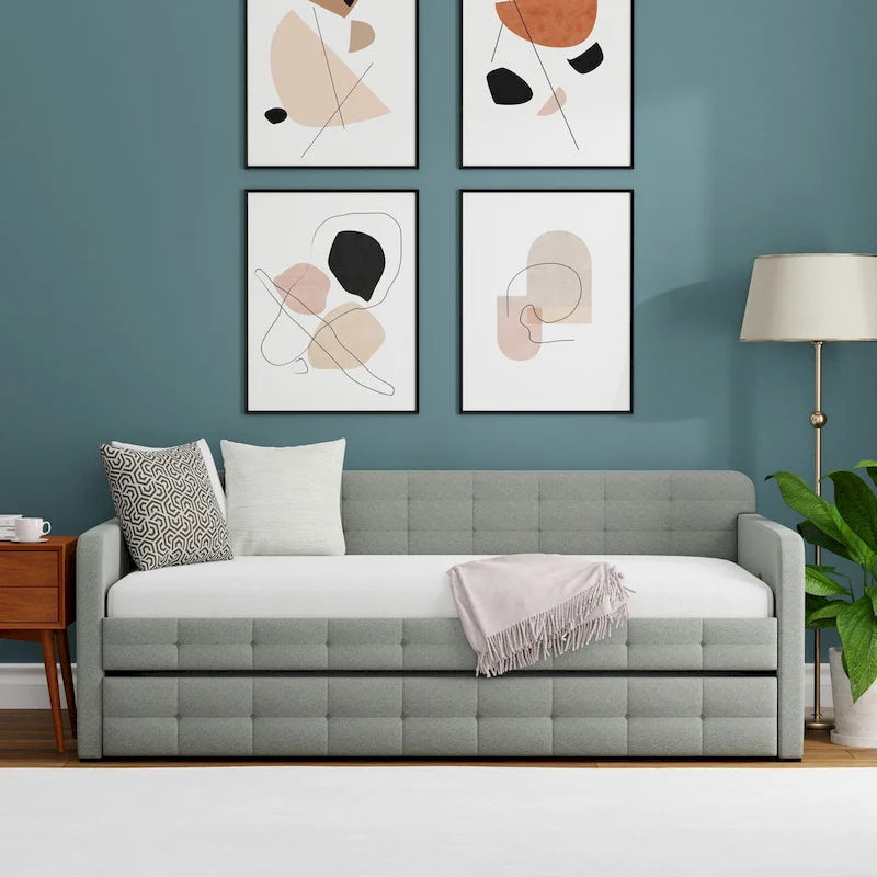 Zweiersofa mit Knopfsteppung und ausziehbarem Gästebett, Schlafsofa im Mid-Century-Stil