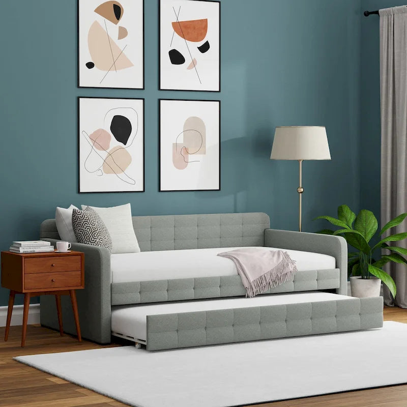 Zweiersofa mit Knopfsteppung und ausziehbarem Gästebett, Schlafsofa im Mid-Century-Stil