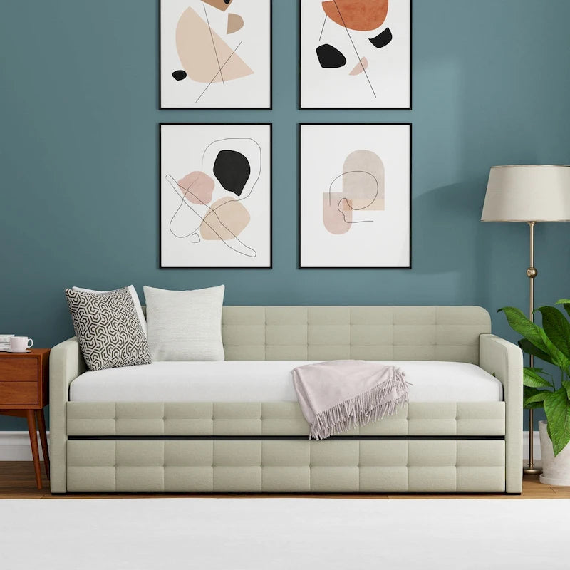 Zweiersofa mit Knopfsteppung und ausziehbarem Gästebett, Schlafsofa im Mid-Century-Stil