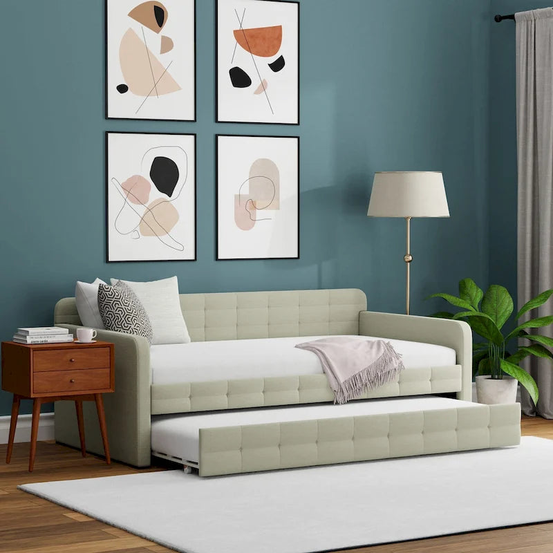 Zweiersofa mit Knopfsteppung und ausziehbarem Gästebett, Schlafsofa im Mid-Century-Stil