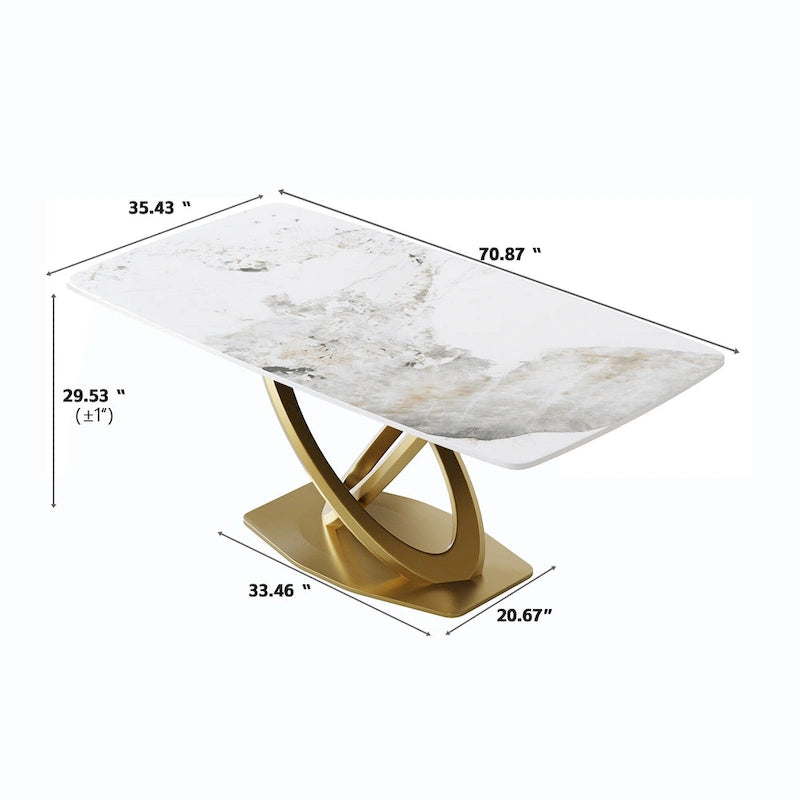 Table à manger rectangulaire de 71" en pierre frittée avec base en métal doré