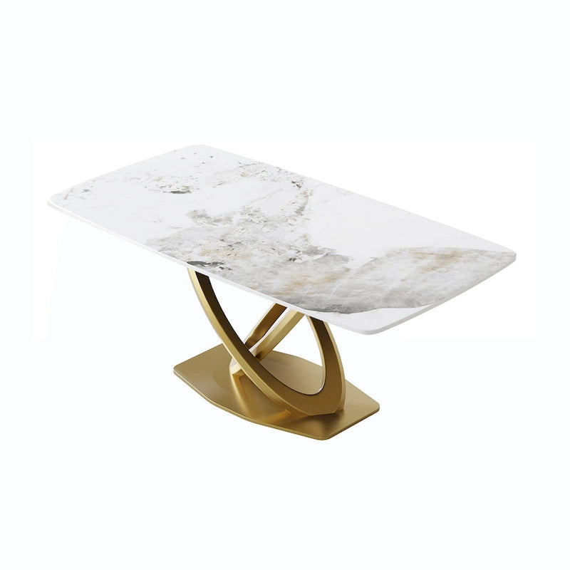 Table à manger rectangulaire de 71" en pierre frittée avec base en métal doré