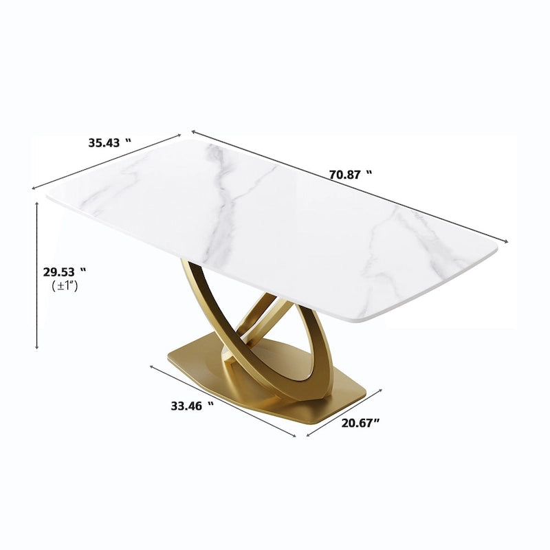 Table à manger rectangulaire de 71" en pierre frittée avec base en métal doré