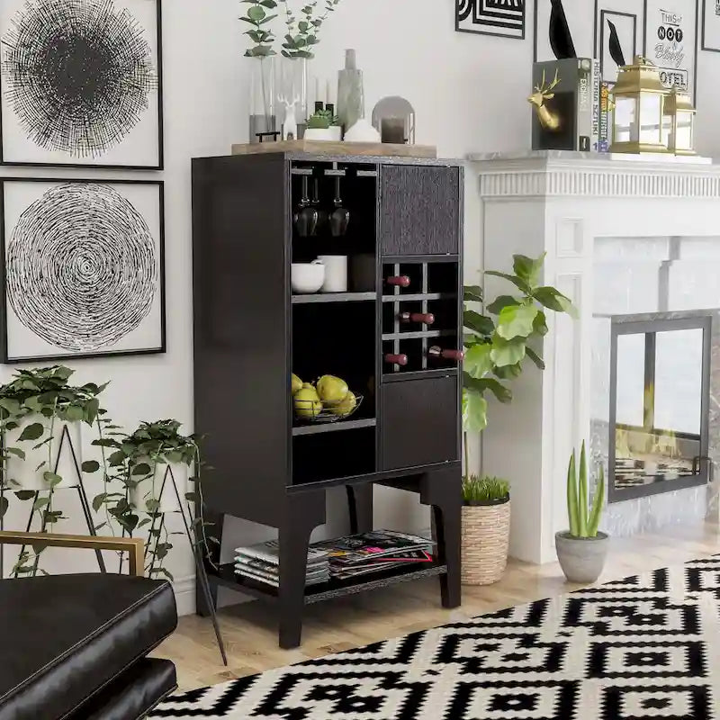 Contemporary Slim Buffet Cabinet with Wine Rack, Stemware Storage & Open Shelves