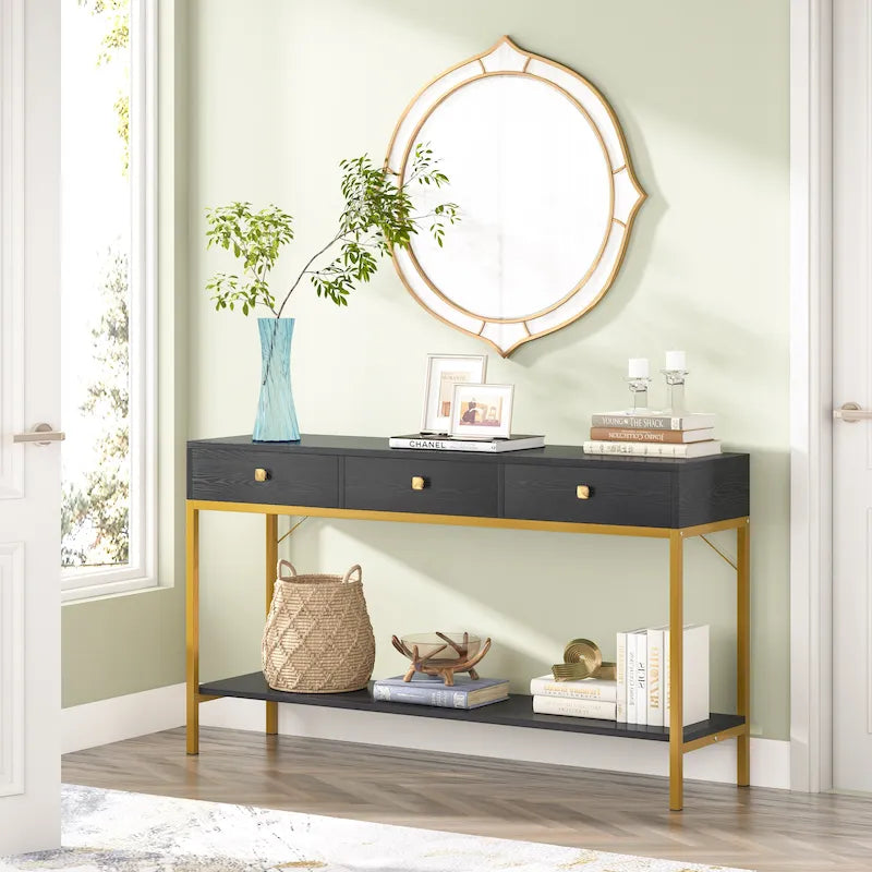 Mesa consola estrecha con 3 cajones, estante abierto y estructura de metal dorado