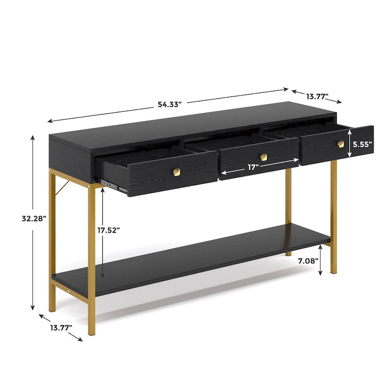 Schmaler Konsolentisch mit 3 Schubladen, offener Ablage und goldenem Metallgestell