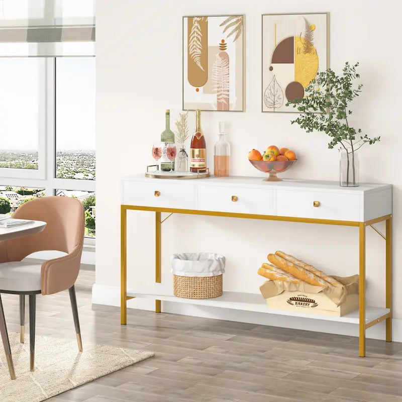 Mesa consola estrecha con 3 cajones, estante abierto y estructura de metal dorado