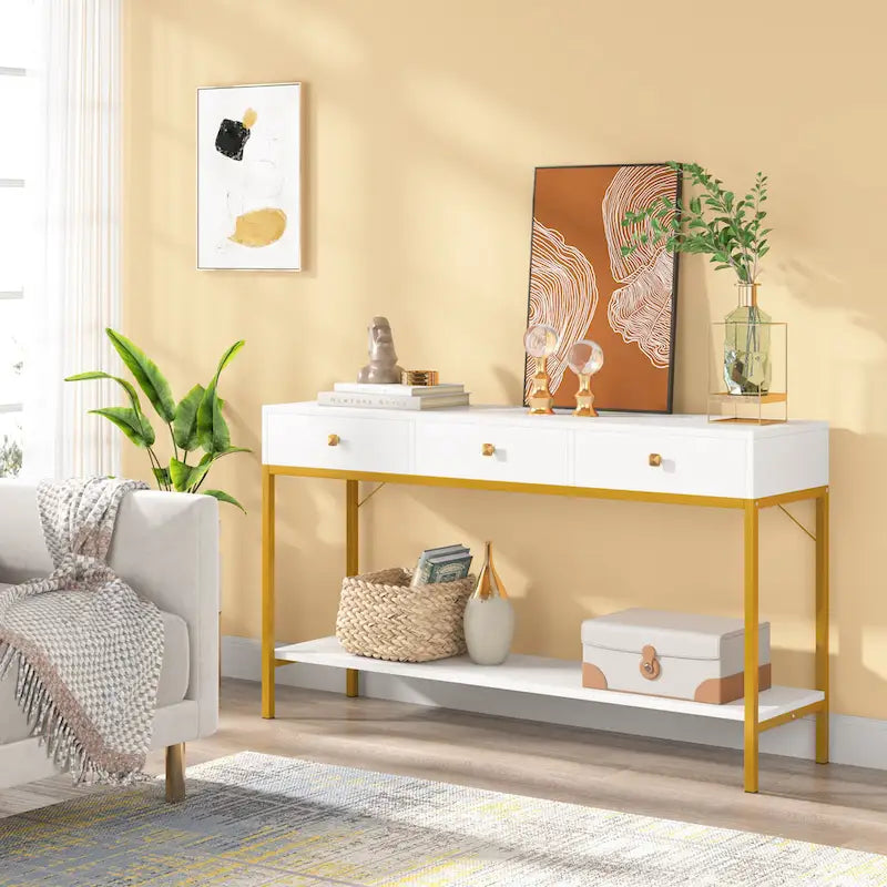 Mesa consola estrecha con 3 cajones, estante abierto y estructura de metal dorado