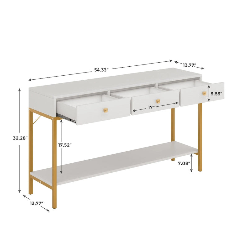 Mesa consola estrecha con 3 cajones, estante abierto y estructura de metal dorado