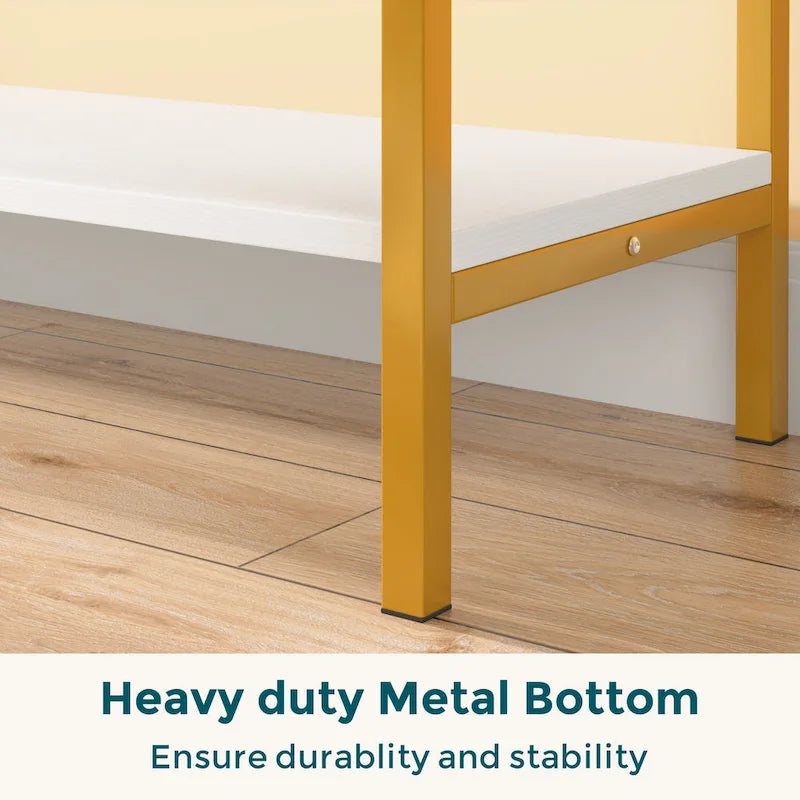 Mesa consola estrecha con 3 cajones, estante abierto y estructura de metal dorado