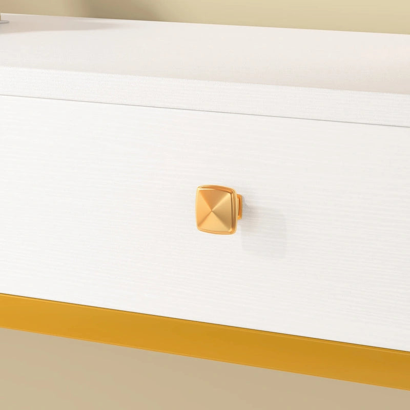 Mesa consola estrecha con 3 cajones, estante abierto y estructura de metal dorado