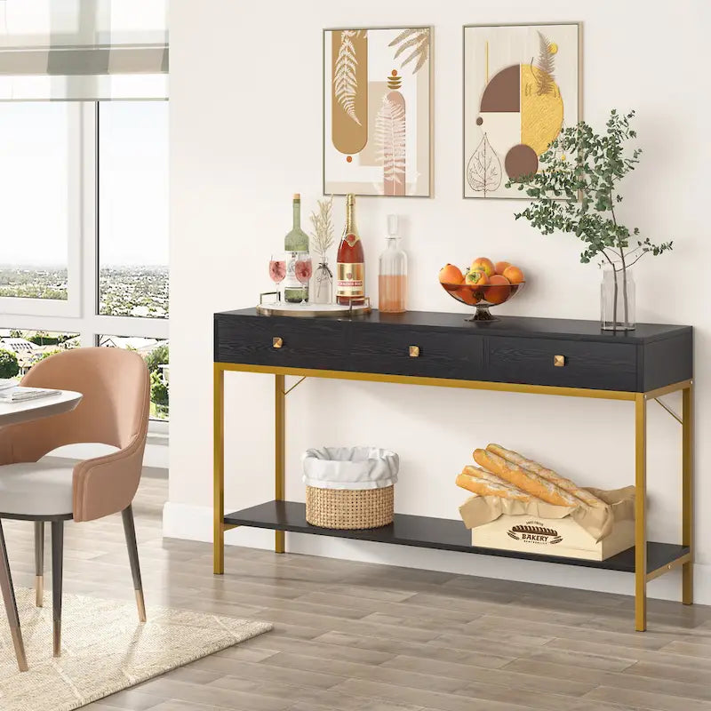 Mesa consola estrecha con 3 cajones, estante abierto y estructura de metal dorado