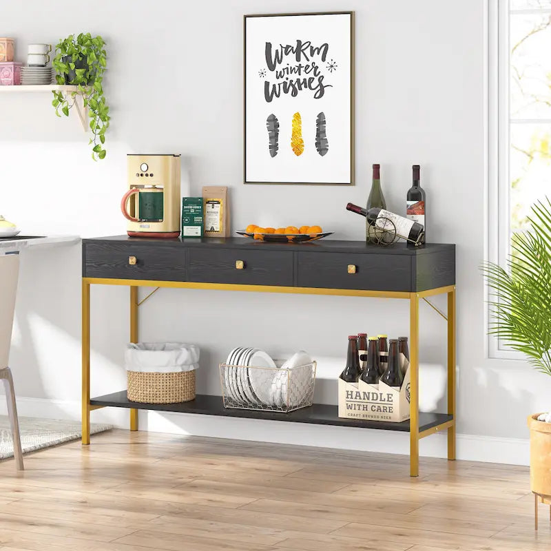 Mesa consola estrecha con 3 cajones, estante abierto y estructura de metal dorado
