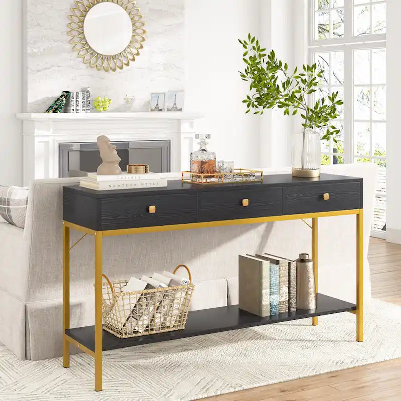 Mesa consola estrecha con 3 cajones, estante abierto y estructura de metal dorado