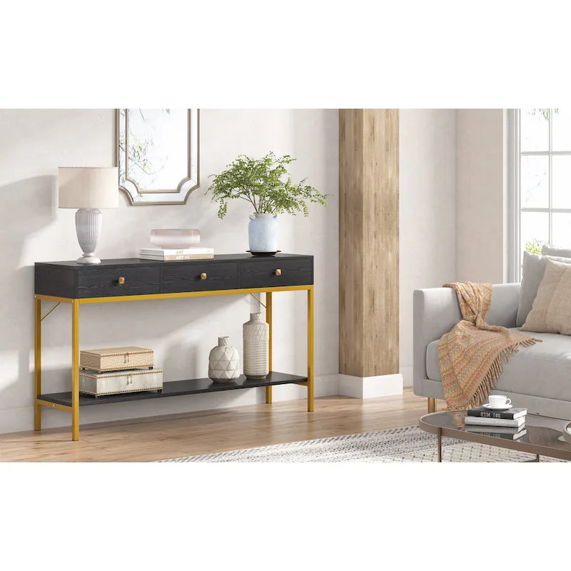 Mesa consola estrecha con 3 cajones, estante abierto y estructura de metal dorado