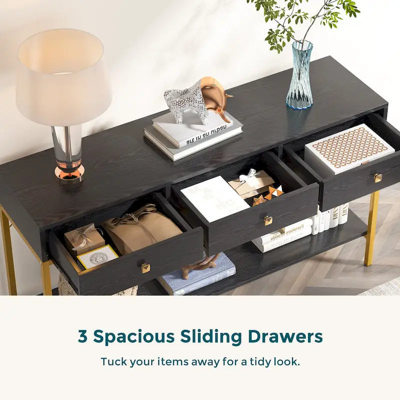 Mesa consola estrecha con 3 cajones, estante abierto y estructura de metal dorado