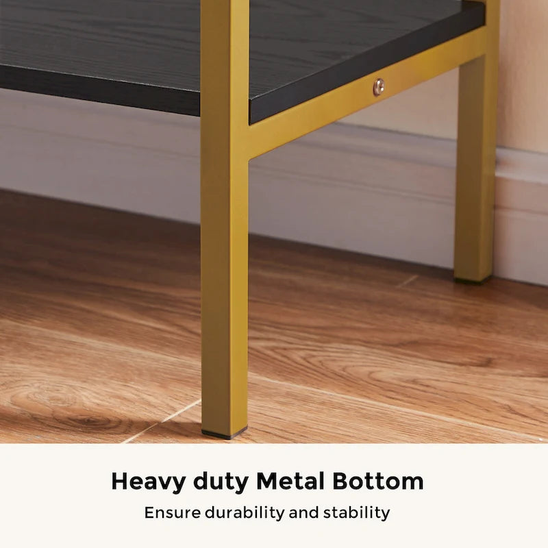 Mesa consola estrecha con 3 cajones, estante abierto y estructura de metal dorado