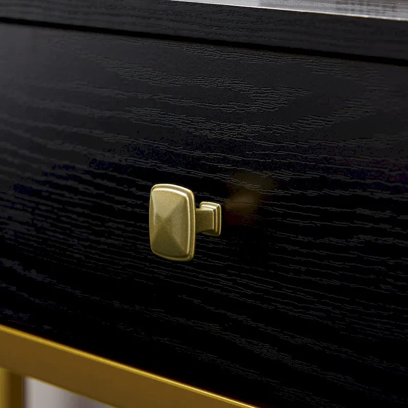 Mesa consola estrecha con 3 cajones, estante abierto y estructura de metal dorado