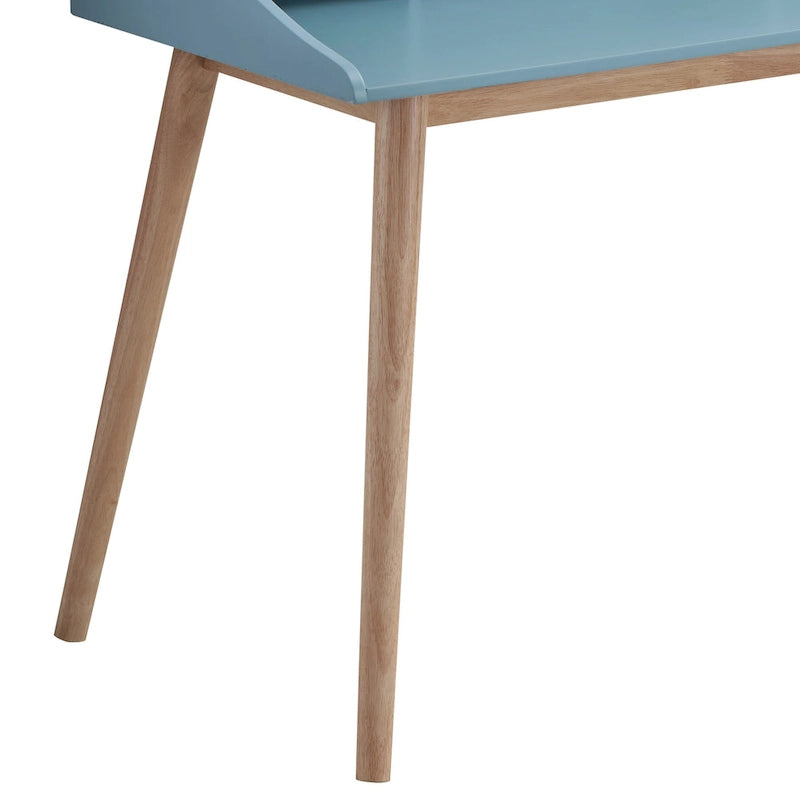 Escritorio de escritura moderno de mediados de siglo con estante superior de 4 niveles y patas de madera acampanadas