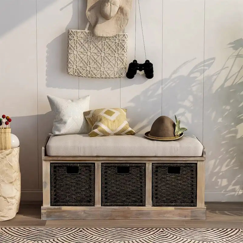 Rustic Entryway Storage Bench with 3 Removable Baskets & Cushioned Seat