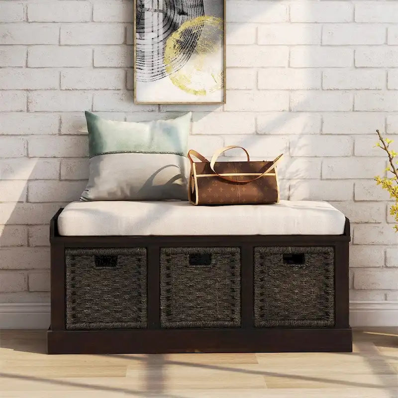 Rustic Entryway Storage Bench with 3 Removable Baskets & Cushioned Seat