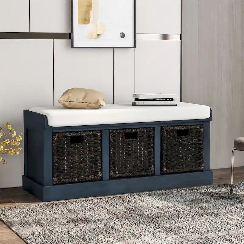 Rustic Entryway Storage Bench with 3 Removable Baskets & Cushioned Seat