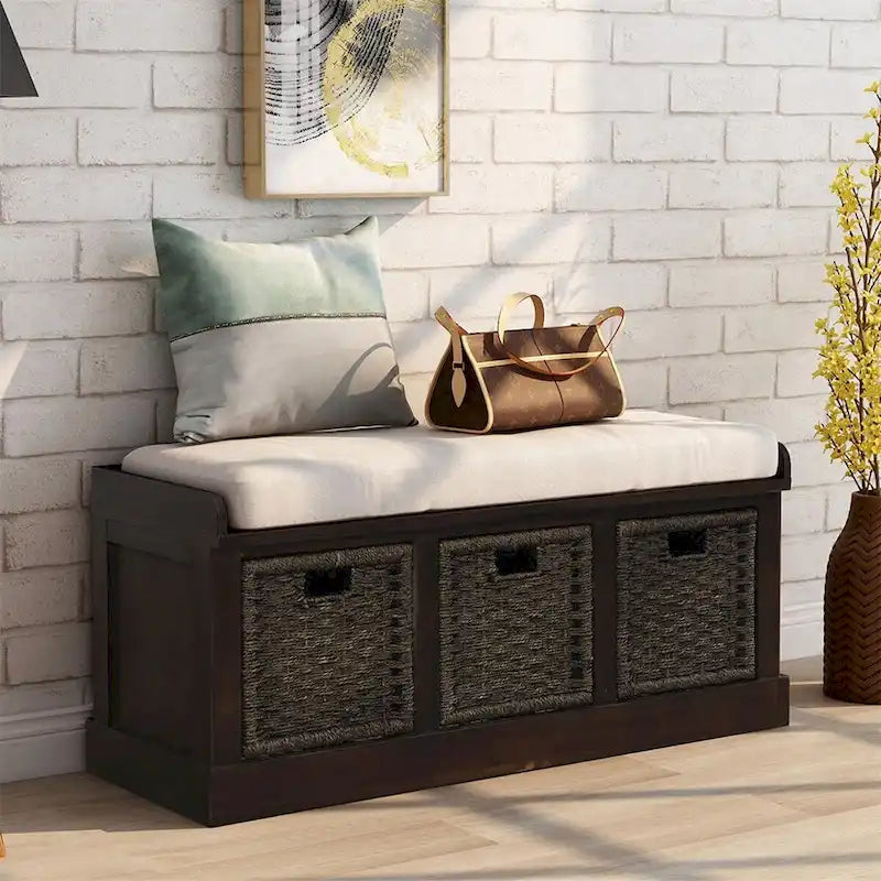 Rustic Entryway Storage Bench with 3 Removable Baskets & Cushioned Seat