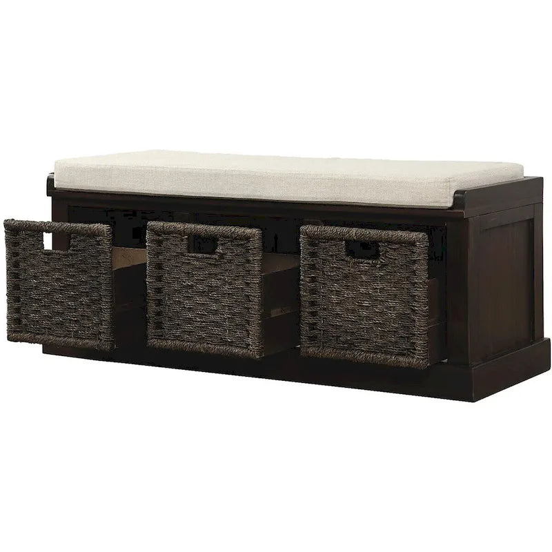Rustic Entryway Storage Bench with 3 Removable Baskets & Cushioned Seat