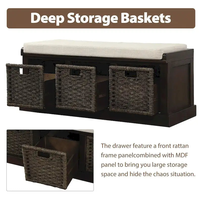 Rustic Entryway Storage Bench with 3 Removable Baskets & Cushioned Seat