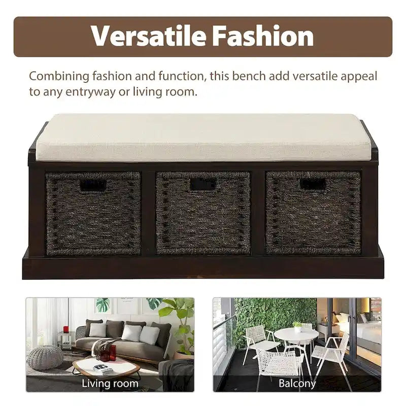 Rustic Entryway Storage Bench with 3 Removable Baskets & Cushioned Seat