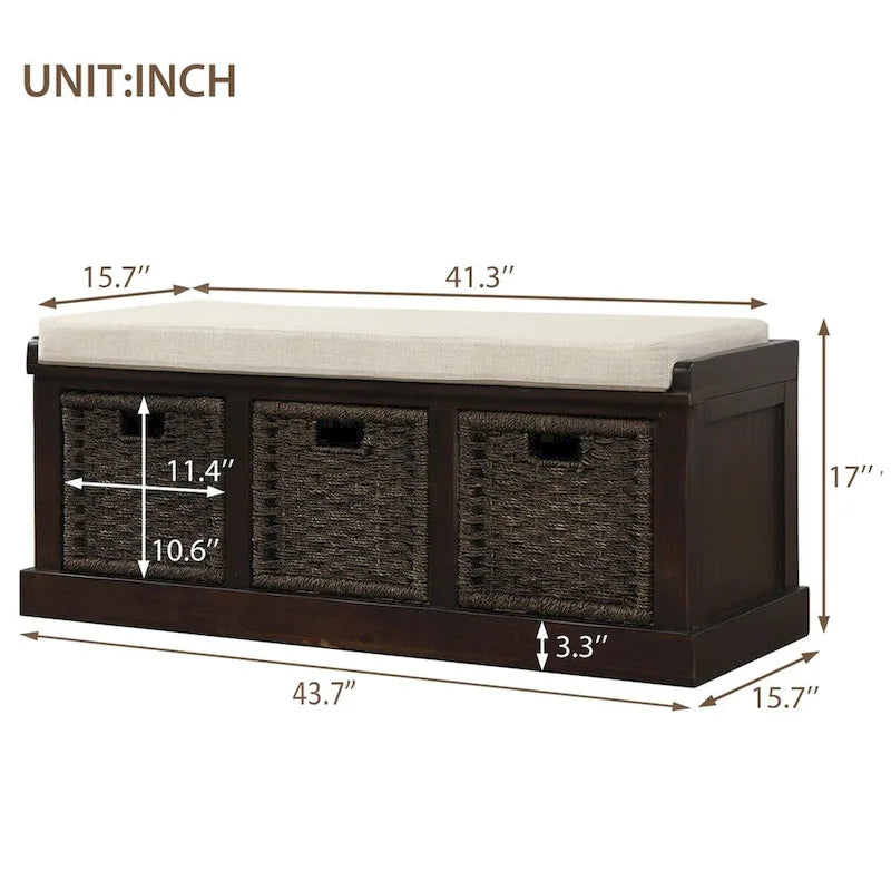Rustic Entryway Storage Bench with 3 Removable Baskets & Cushioned Seat