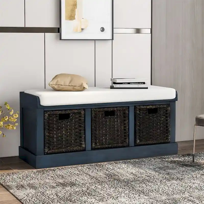 Rustic Entryway Storage Bench with 3 Removable Baskets & Cushioned Seat