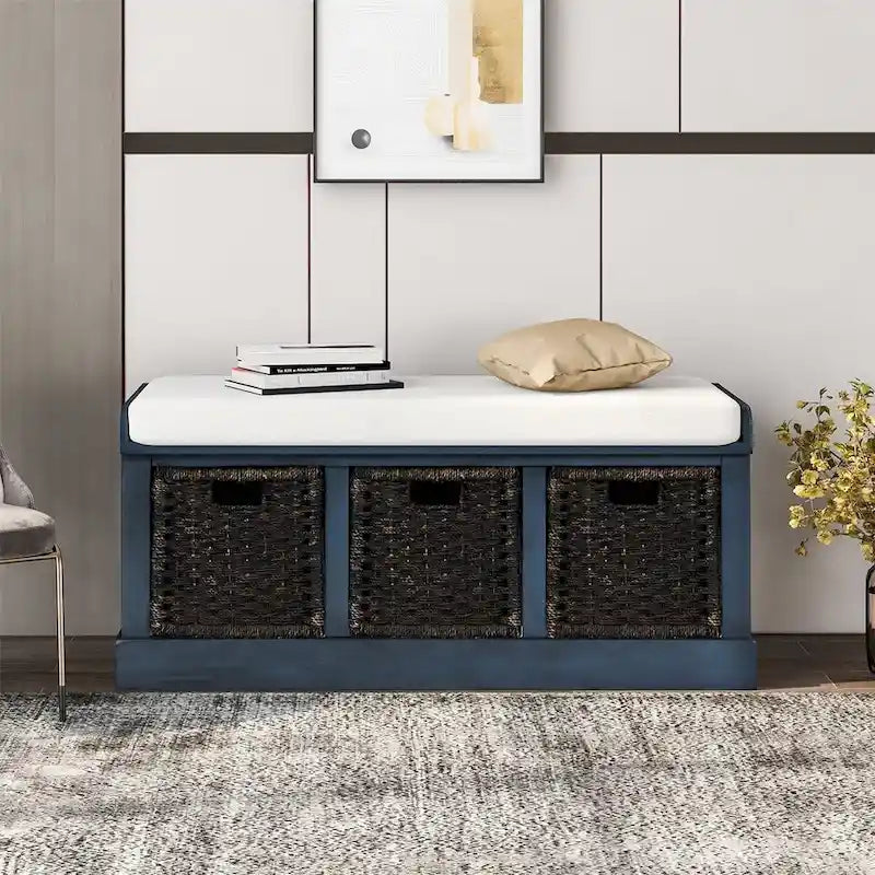 Rustic Entryway Storage Bench with 3 Removable Baskets & Cushioned Seat
