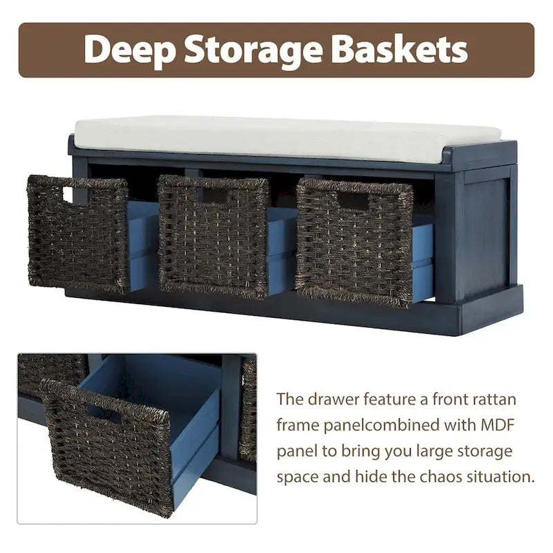 Rustic Entryway Storage Bench with 3 Removable Baskets & Cushioned Seat