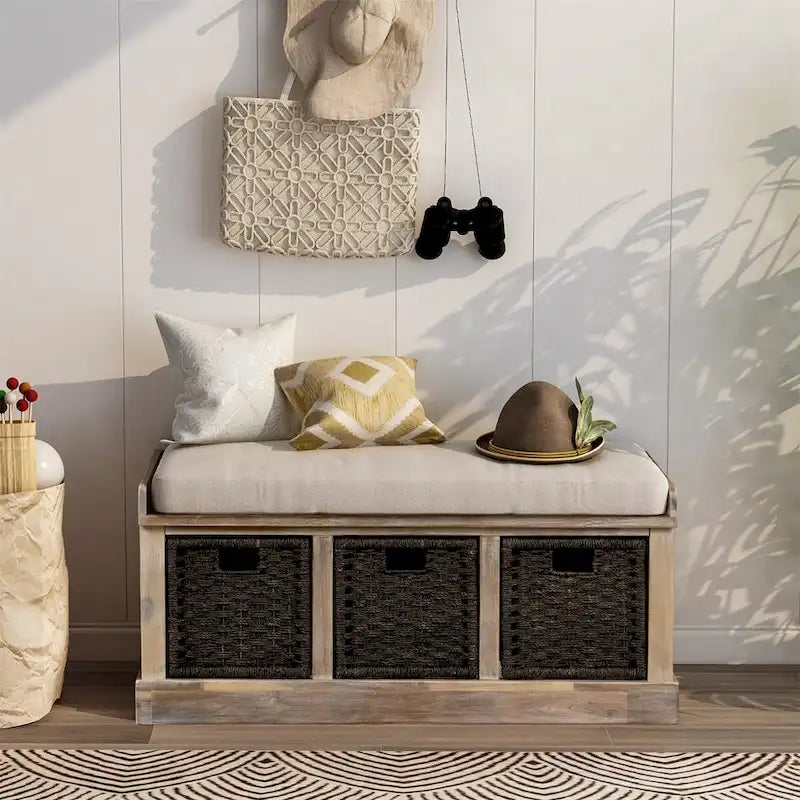 Rustic Entryway Storage Bench with 3 Removable Baskets & Cushioned Seat