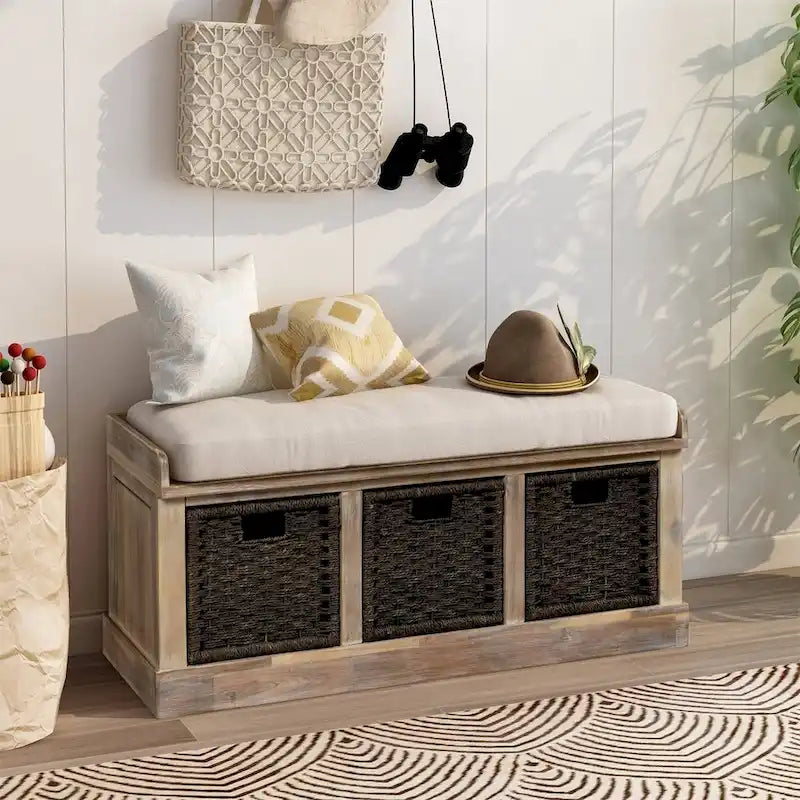 Rustic Entryway Storage Bench with 3 Removable Baskets & Cushioned Seat