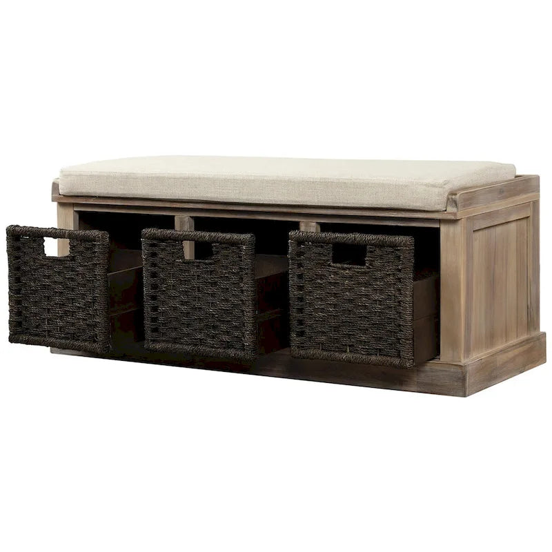 Rustic Entryway Storage Bench with 3 Removable Baskets & Cushioned Seat