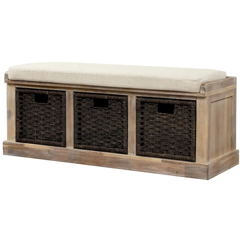 Rustic Entryway Storage Bench with 3 Removable Baskets & Cushioned Seat