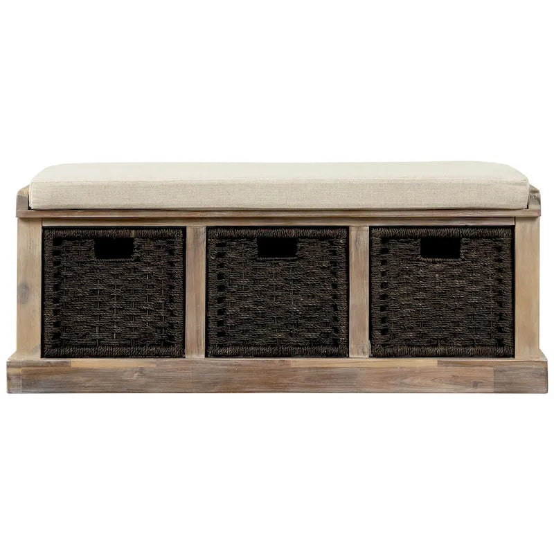 Rustic Entryway Storage Bench with 3 Removable Baskets & Cushioned Seat